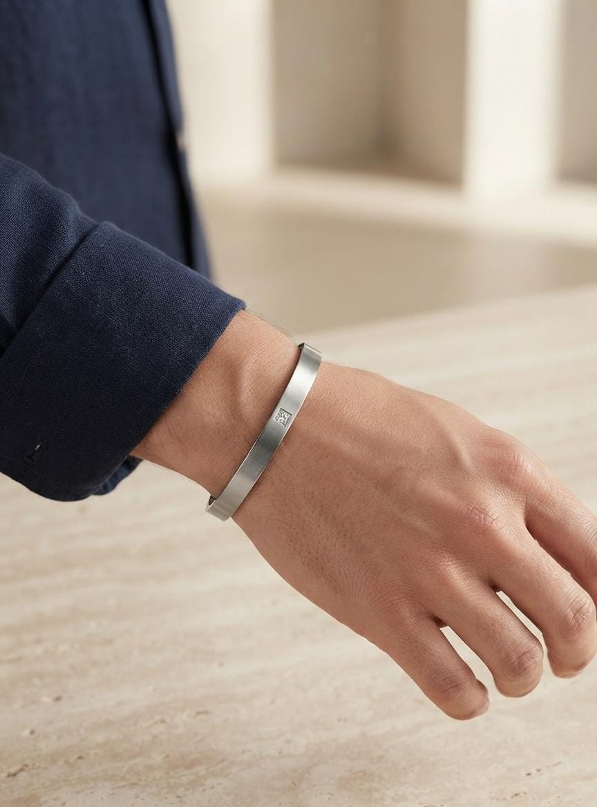 Men's silver-colour kada bracelet with square clear stone