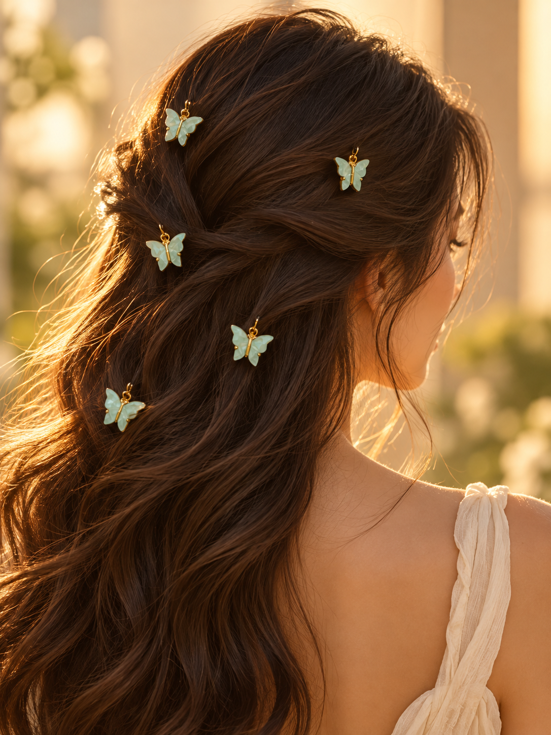 Mint butterfly hair pins styled in hair