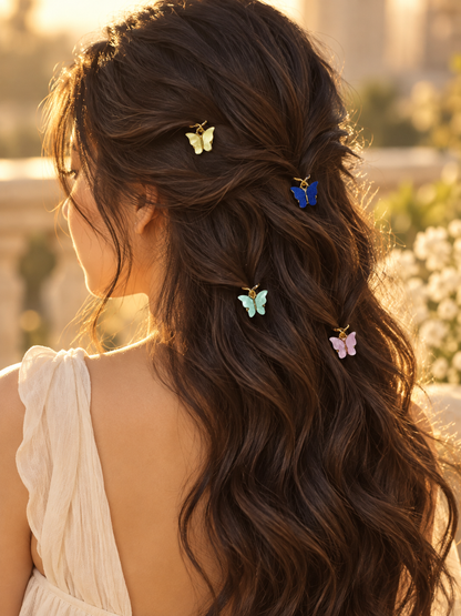 Pastel butterfly hair pins styled in hair