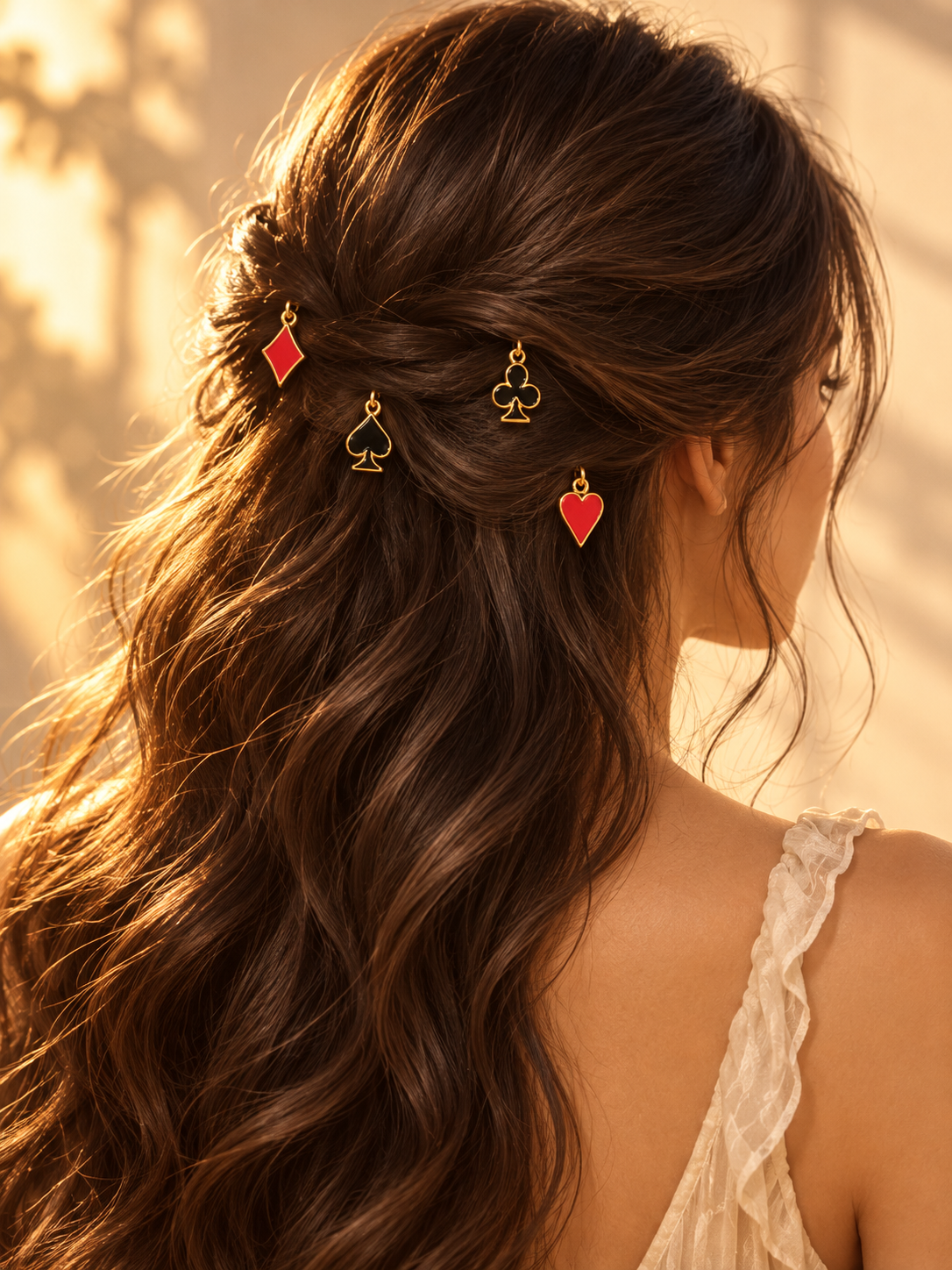 Playing card suit hair pins styled in hair