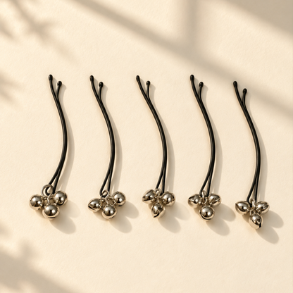 Five silver bead flower hair pins displayed individually