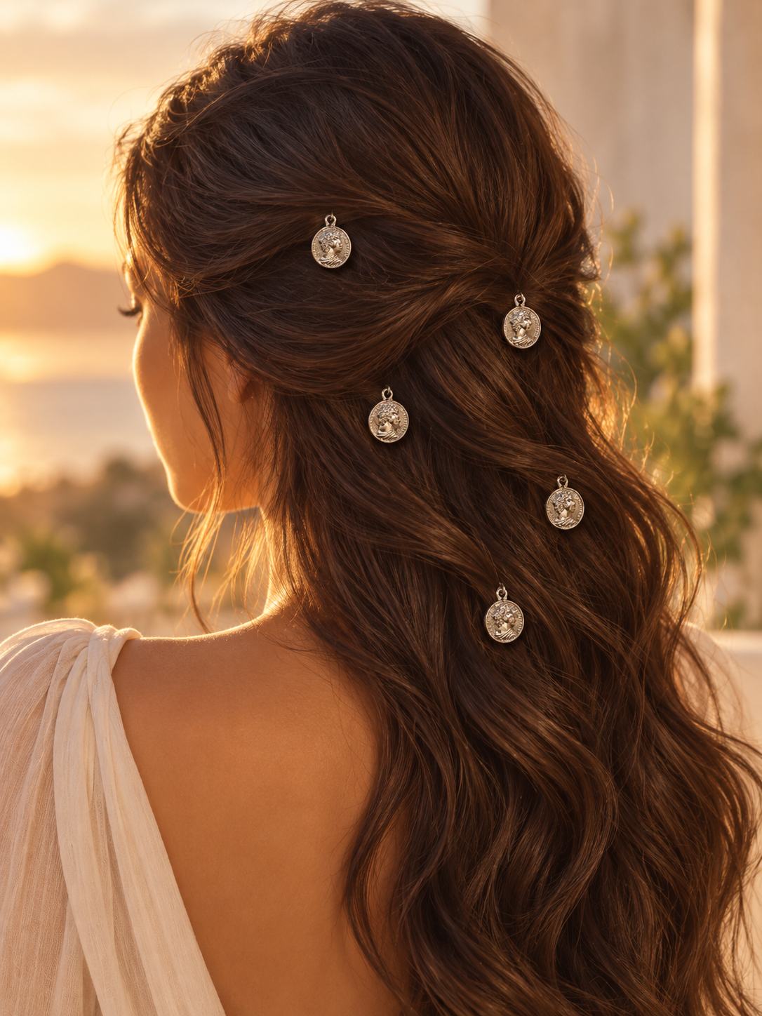 Silver coin charm hair pins styled in hair