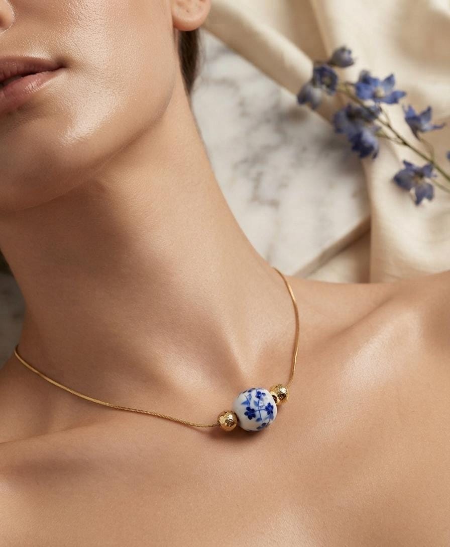 Anti Tarnish Women Blue Porcelain Bead Necklace