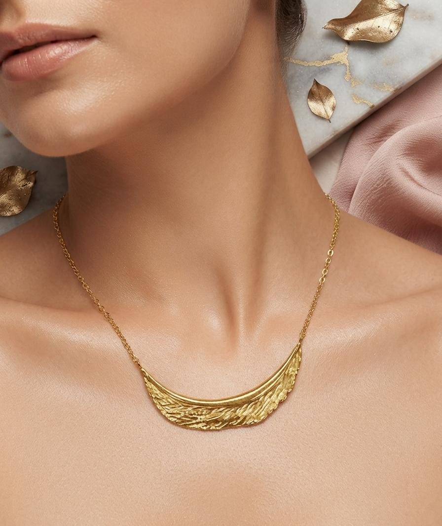 Anti Tarnish Women Textured Wing Necklace