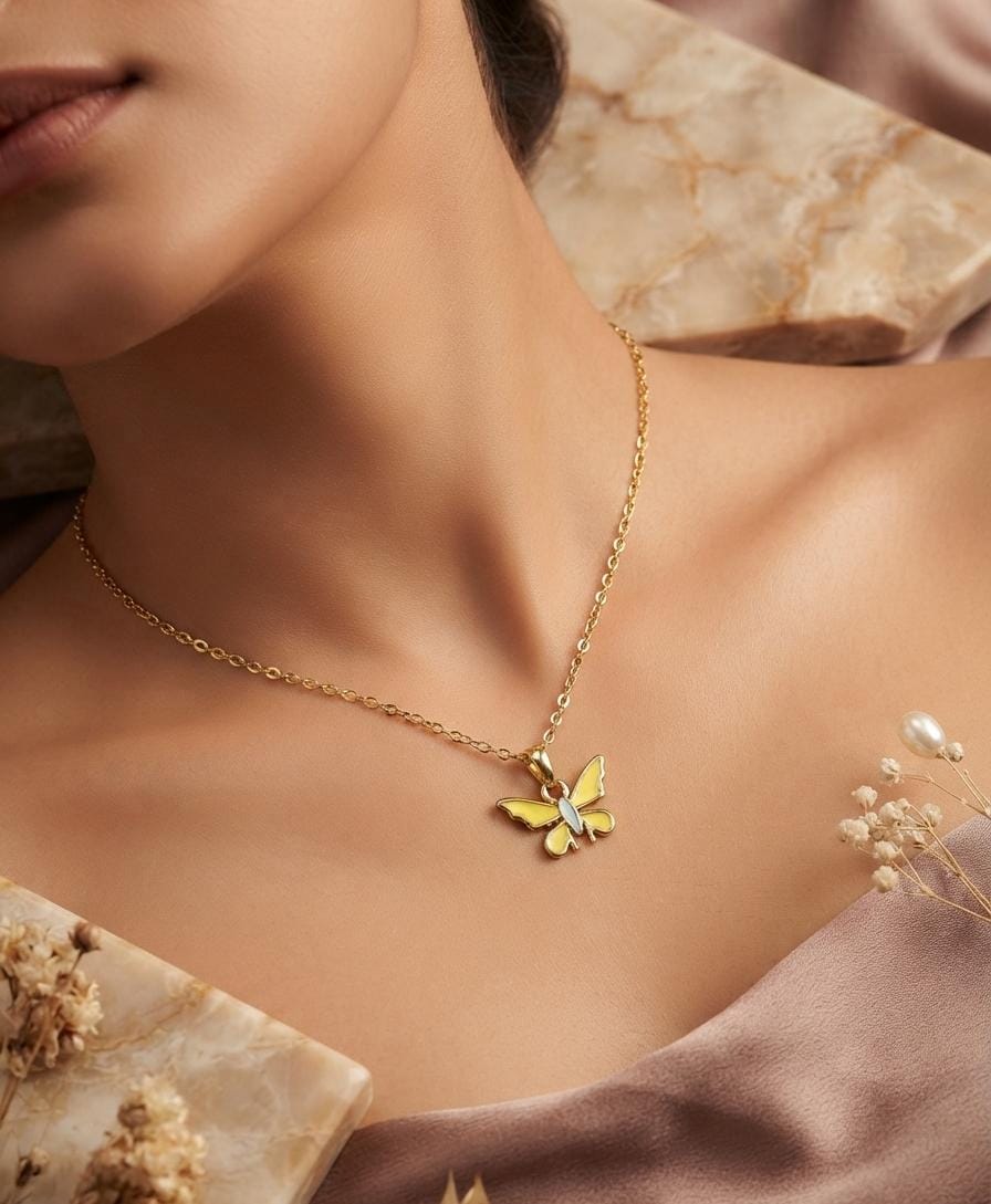 Anti Tarnish Women Yellow Butterfly Pendant Necklace