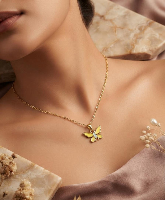 Anti Tarnish Women Yellow Butterfly Pendant Necklace