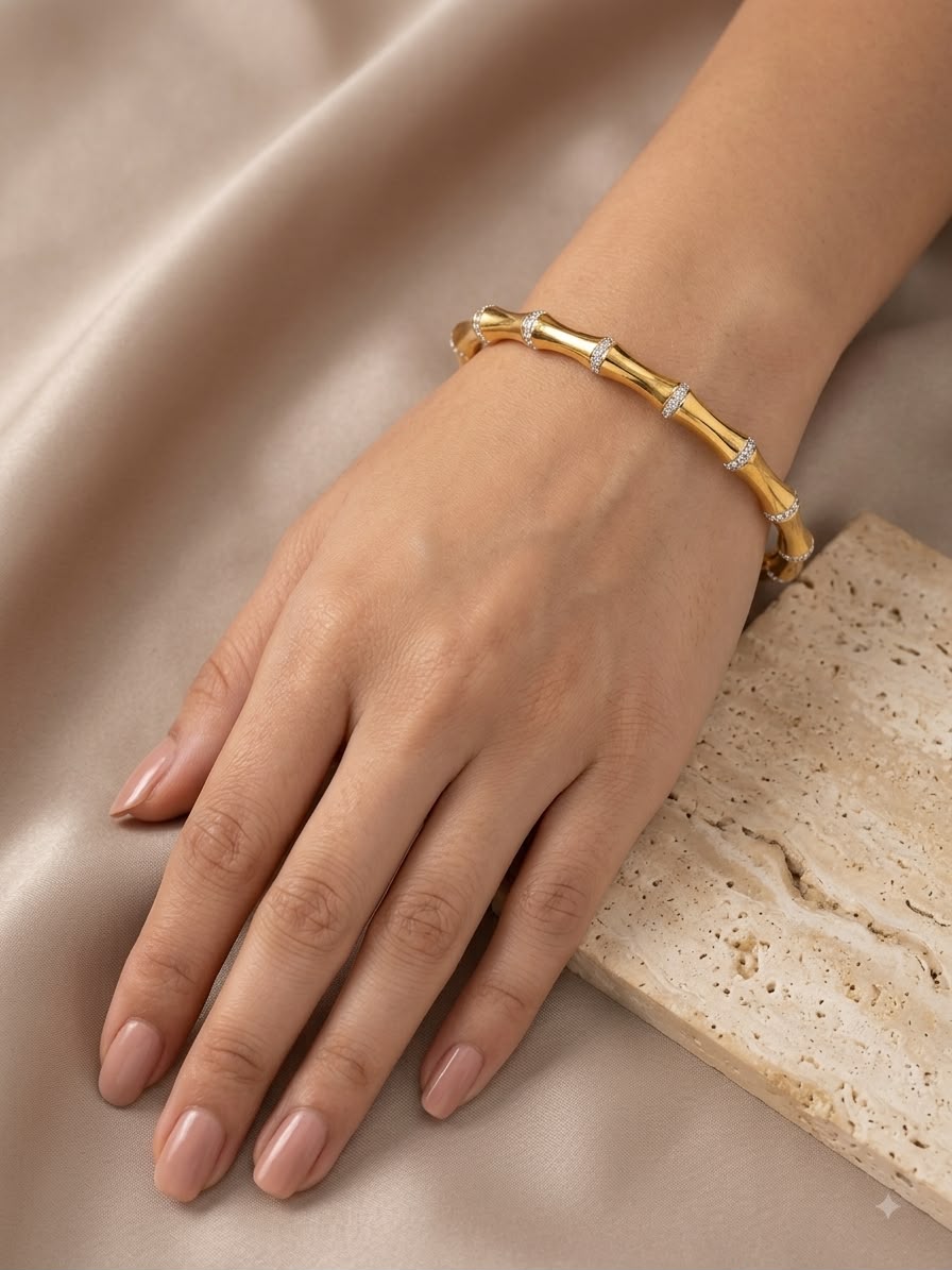 Women's anti tarnish small-size gold-colour bamboo-style kada with clear stones
