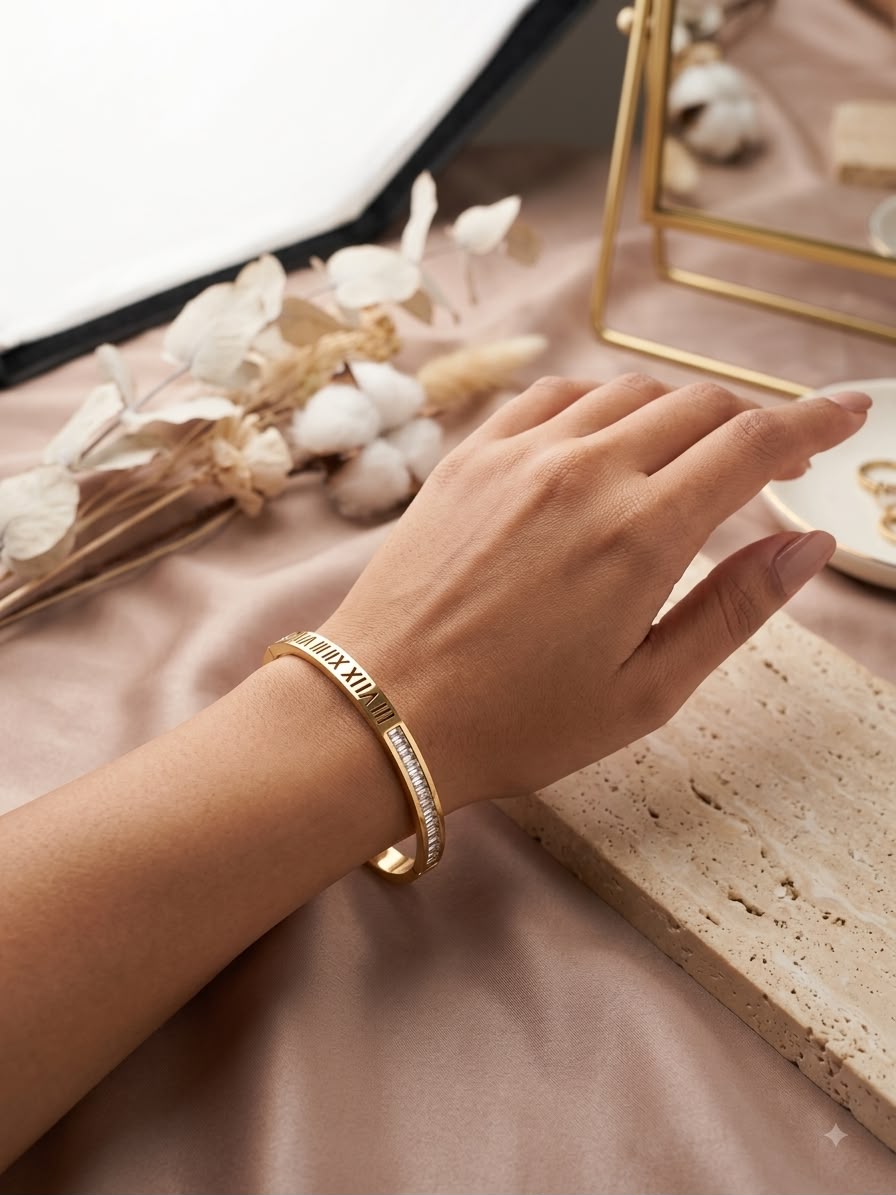 Women's anti tarnish small-size gold-colour Roman numeral kada with clear stones