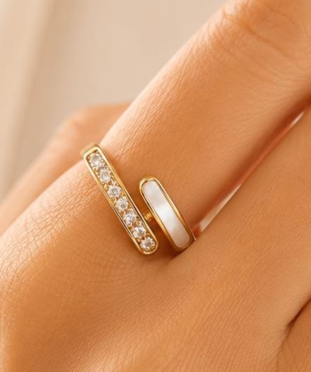 Women’s gold crystal and pearl adjustable anti-tarnish ring