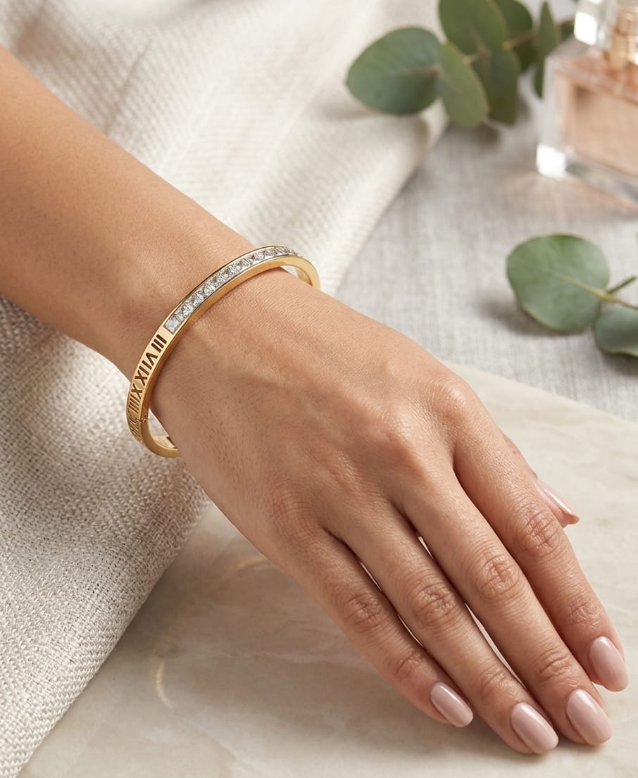 Women's gold-colour Roman numeral cuff bracelet with clear stones