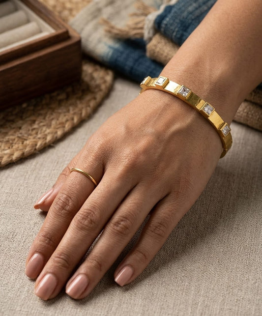 Women's gold-colour kada bracelet with square clear stones
