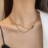 Stainless Steel Chunky Unique Green Stone Necklace