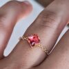 Golden Adjustable Square Solitaire Peach Red Ring